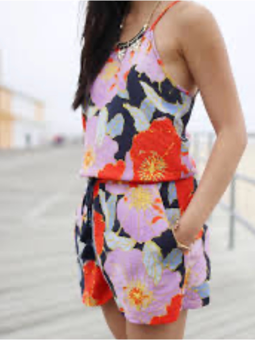 LOFT Floral Spaghetti-Strap Romper in Pink, Red & Navy